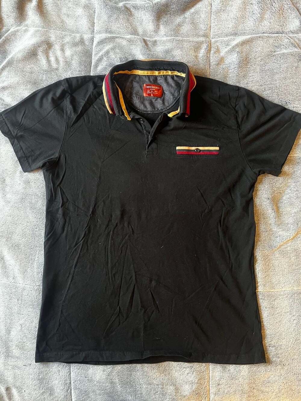 Consequence Knitwear Polo Shirt Size L Black Striped Collar